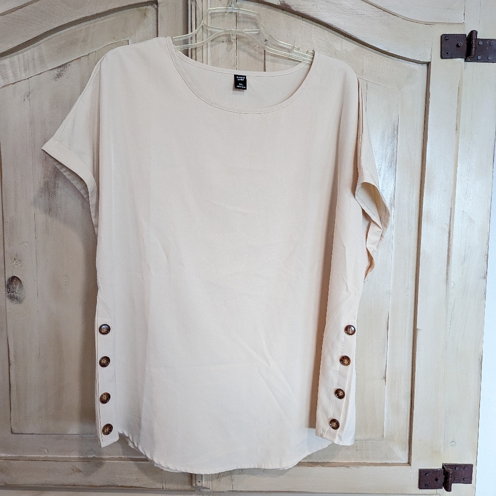 Shein Women's Plus 2XL Beige Tan Dolman Short Sleeve Blouse Buttons